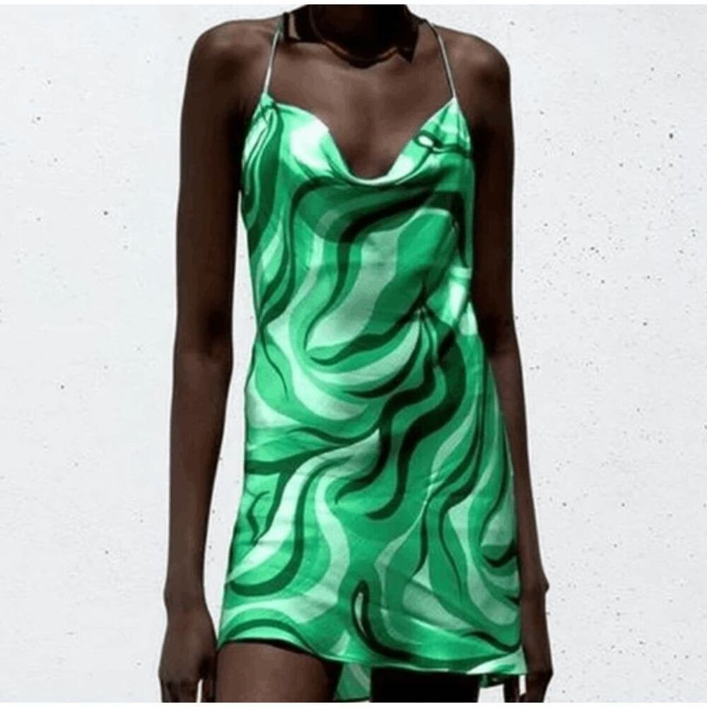 ZARA Slip Dress Draped Neck Spaghetti Strap Satin Green Swirl Print Size Small‎
